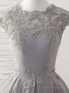 Gray Round Neck Lace Short Prom Dress Gray Bridesmaid Dress