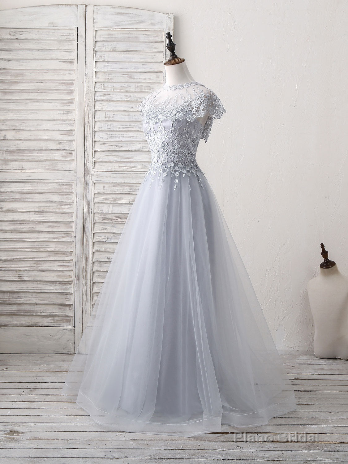 Gray Round Neck Lace Tulle Long Prom Dress, Gray Evening Dress Secondary image