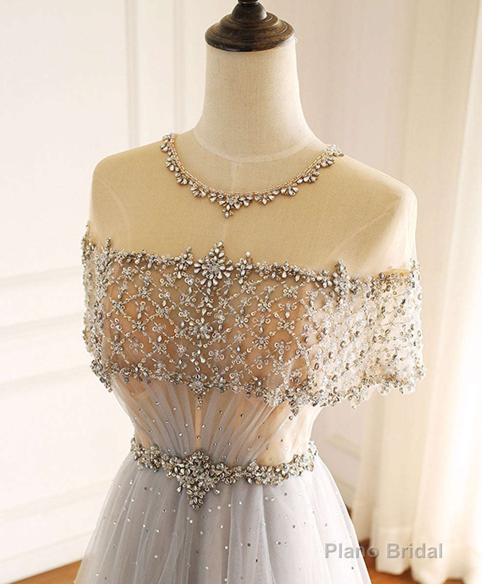 Gray Round Neck Tulle Beads Long Prom Dress Forma Graduation Dresses