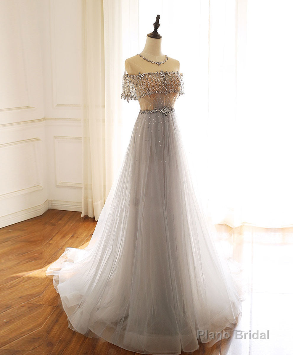 Gray Round Neck Tulle Beads Long Prom Dress Forma Graduation Dresses Main image