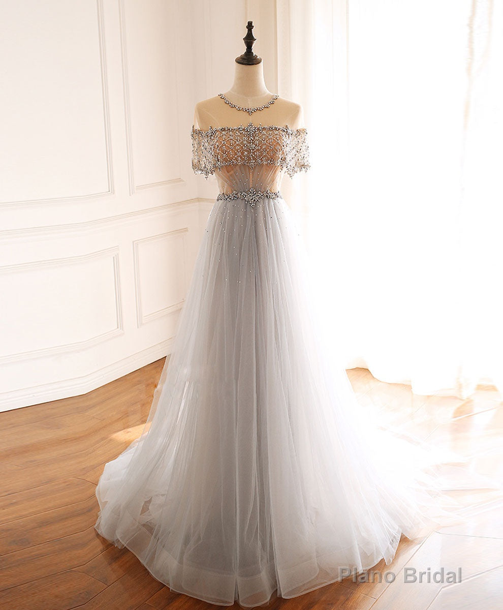Gray Round Neck Tulle Beads Long Prom Dress Forma Graduation Dresses Secondary image