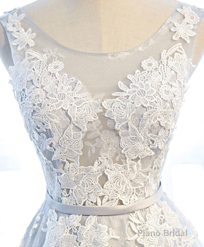 Gray Round Neck Tulle Lace Applique Long Prom Dress Secondary image