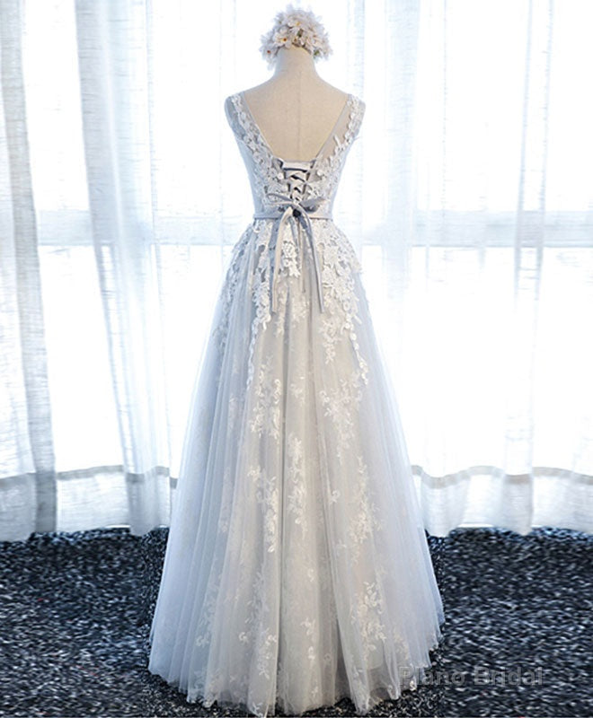 Gray Round Neck Tulle Lace Applique Long Prom Dress Main image