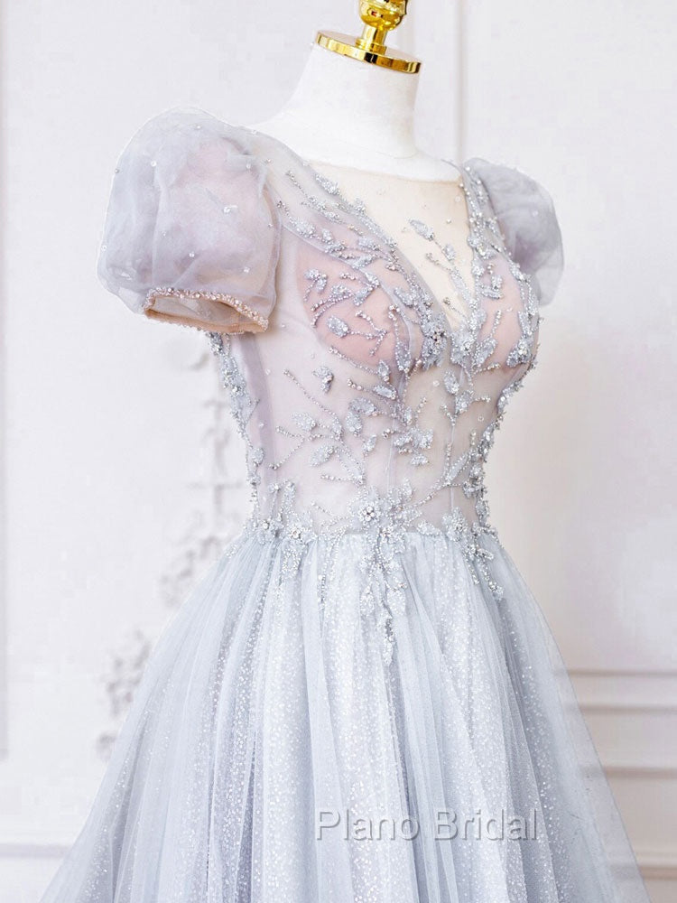 Gray Round Neck Tulle Lace Long Formal Prom Dresses, Gray Tulle Evening Dresses