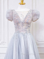 Gray Round Neck Tulle Lace Long Formal Prom Dresses, Gray Tulle Evening Dresses