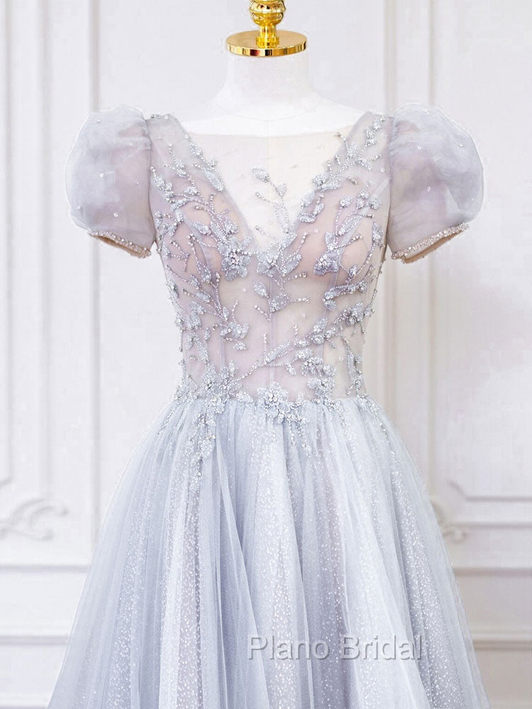 Gray Round Neck Tulle Lace Long Formal Prom Dresses, Gray Tulle Evening Dresses