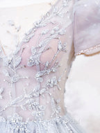 Gray Round Neck Tulle Lace Long Formal Prom Dresses, Gray Tulle Evening Dresses