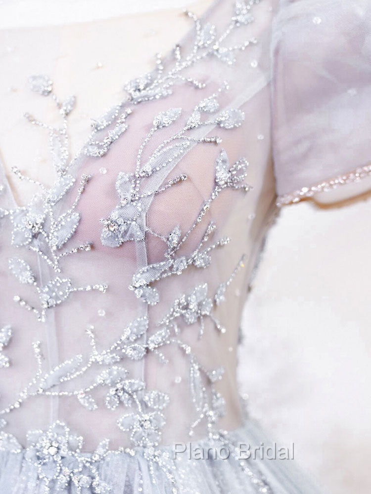 Gray Round Neck Tulle Lace Long Formal Prom Dresses, Gray Tulle Evening Dresses