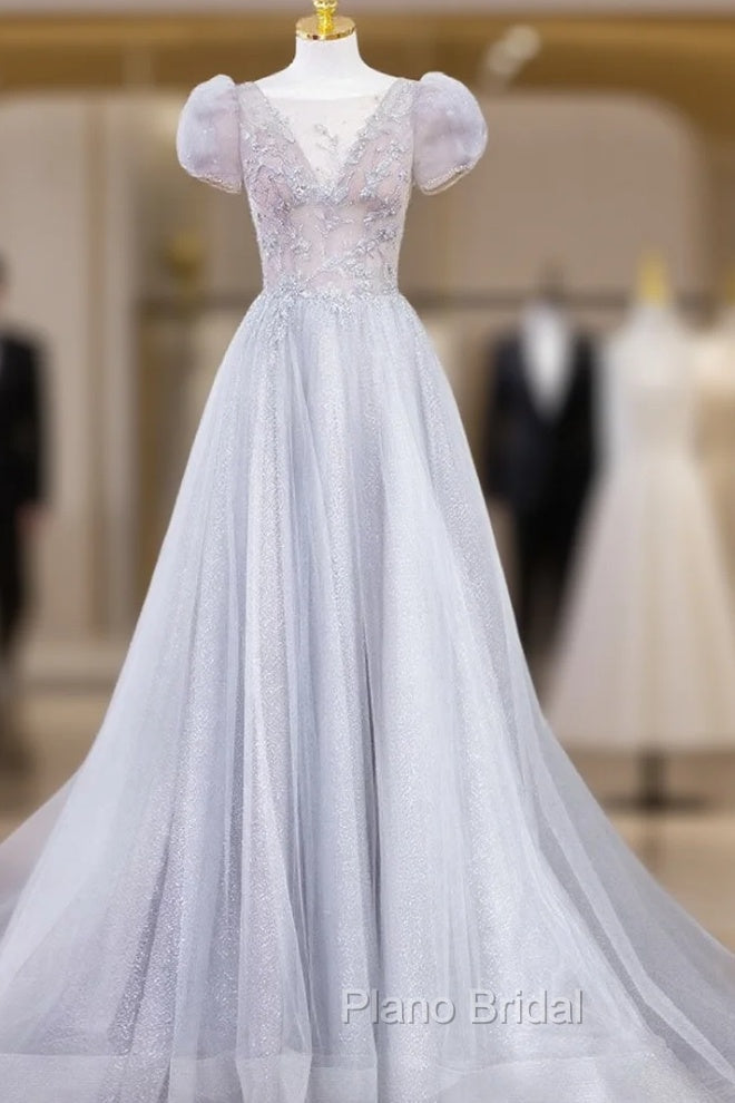Gray Round Neck Tulle Lace Long Formal Prom Dresses, Gray Tulle Evening Dresses Main image
