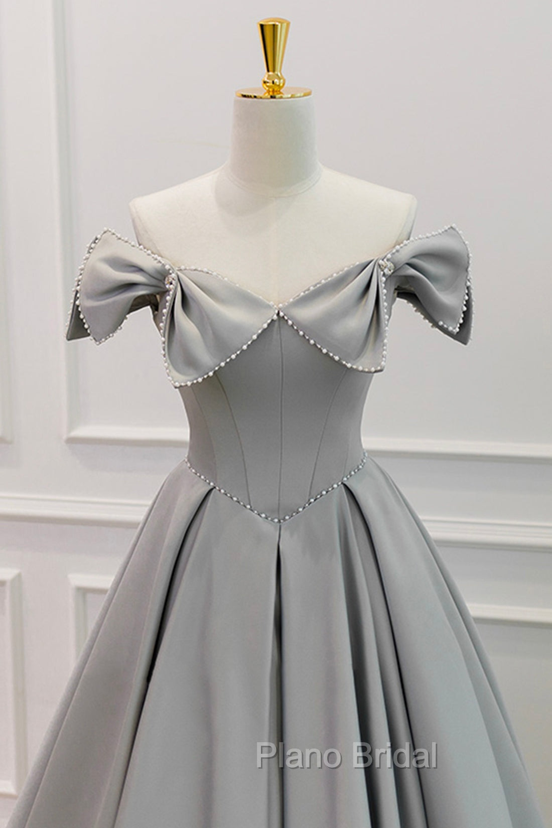 Gray Satin Floor Length Formal Dresses with Pearls, Cute A-Line Formal Prom Dresses Secondary image
