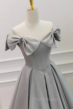 Gray Satin Floor Length Formal Dresses with Pearls, Cute A-Line Formal Prom Dresses