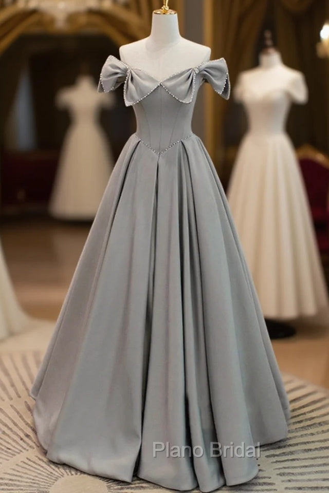Gray Satin Floor Length Formal Dresses with Pearls, Cute A-Line Formal Prom Dresses