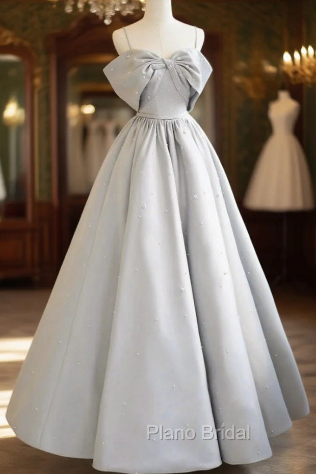 Gray Satin Long Formal Prom Dresses, A-Line Spaghetti Straps Evening Graduation Dresses Main image