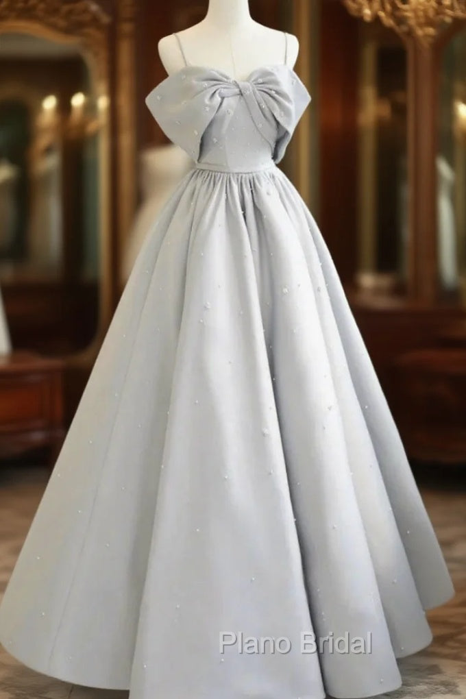 Gray Satin Spaghetti Straps Pearls Formal Prom Dresses