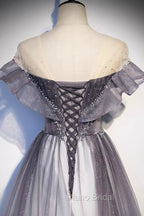 Gray Scoop Neckline Tulle Long Formal Dresses, A-Line Evening Graduation Dresses