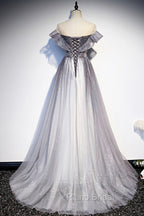 Gray Scoop Neckline Tulle Long Formal Dresses, A-Line Evening Graduation Dresses