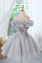 Gray Scoop Neckline Tulle Sequins Short Formal Prom Dresses, A-Line Off The Shoulder Formal Party Dresses