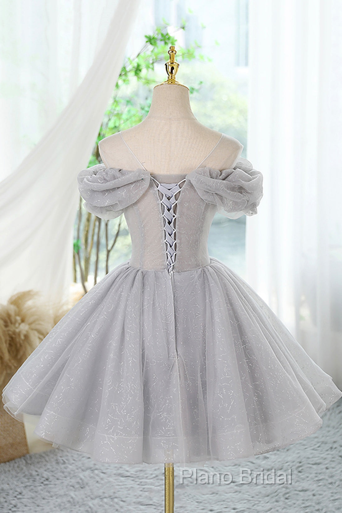 Gray Scoop Neckline Tulle Sequins Short Formal Prom Dresses, A-Line Off The Shoulder Formal Party Dresses