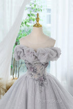 Gray Scoop Neckline Tulle Sequins Short Formal Prom Dresses, A-Line Off The Shoulder Formal Party Dresses