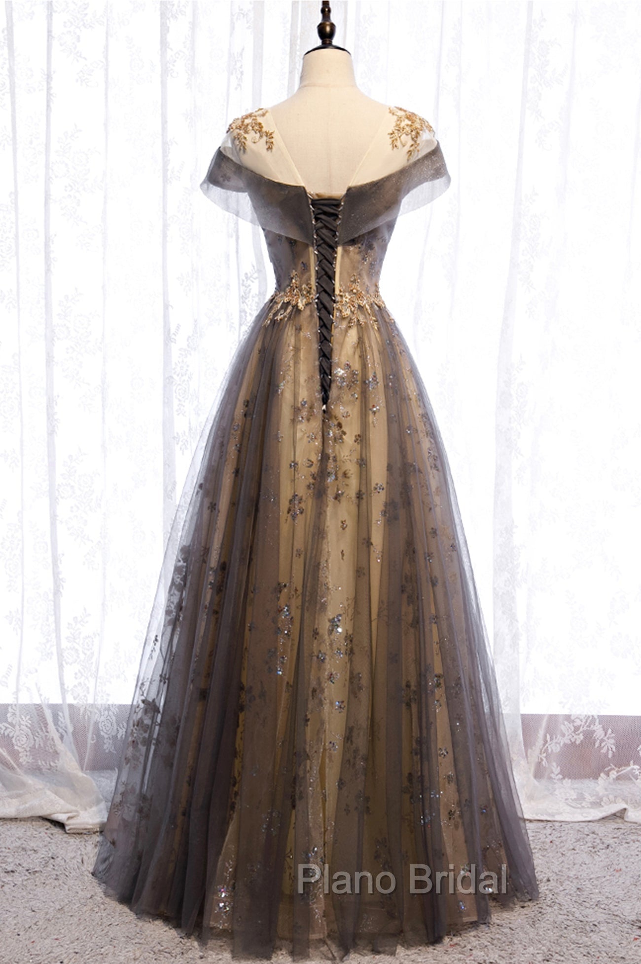 Gray Scoop Tulle Sequins Long Formal Prom Dresses, A-Line Evening Party Dresses