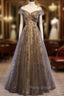 Gray Scoop Tulle Sequins Long Formal Prom Dresses, A-Line Evening Party Dresses