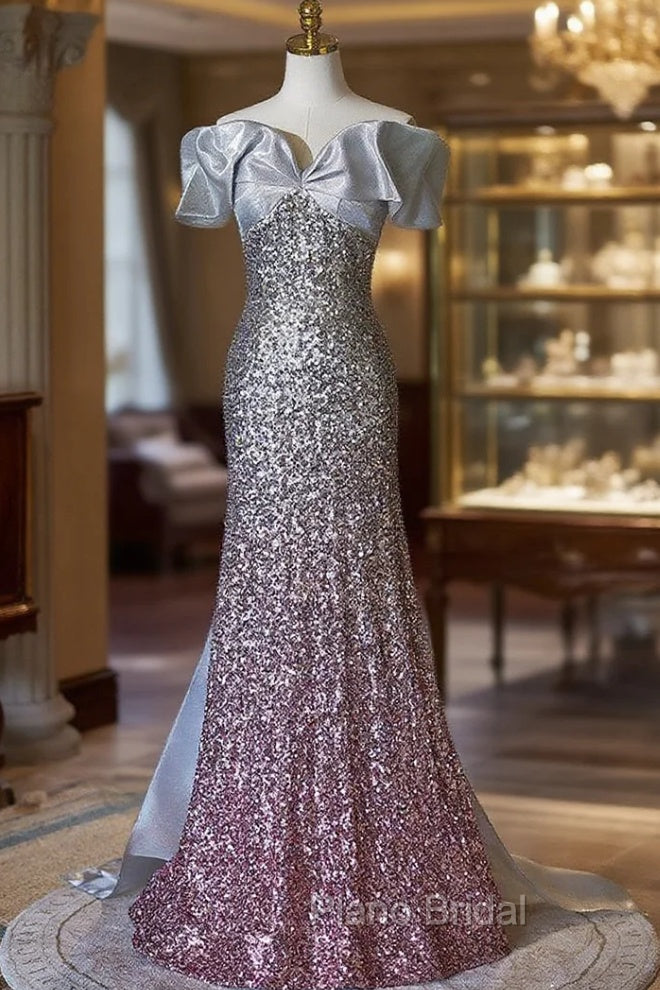 Gray Sequins Off the Shoulder Bow Formal Prom Dresses