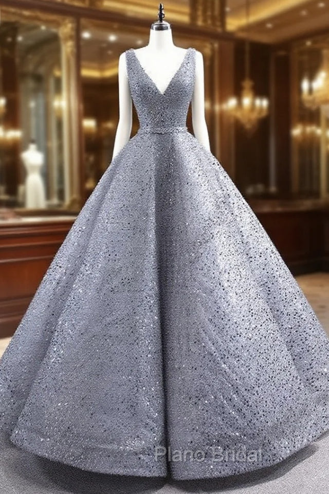 Gray Sequins Pearls V-neck Sleeveless Formal Prom Dresses