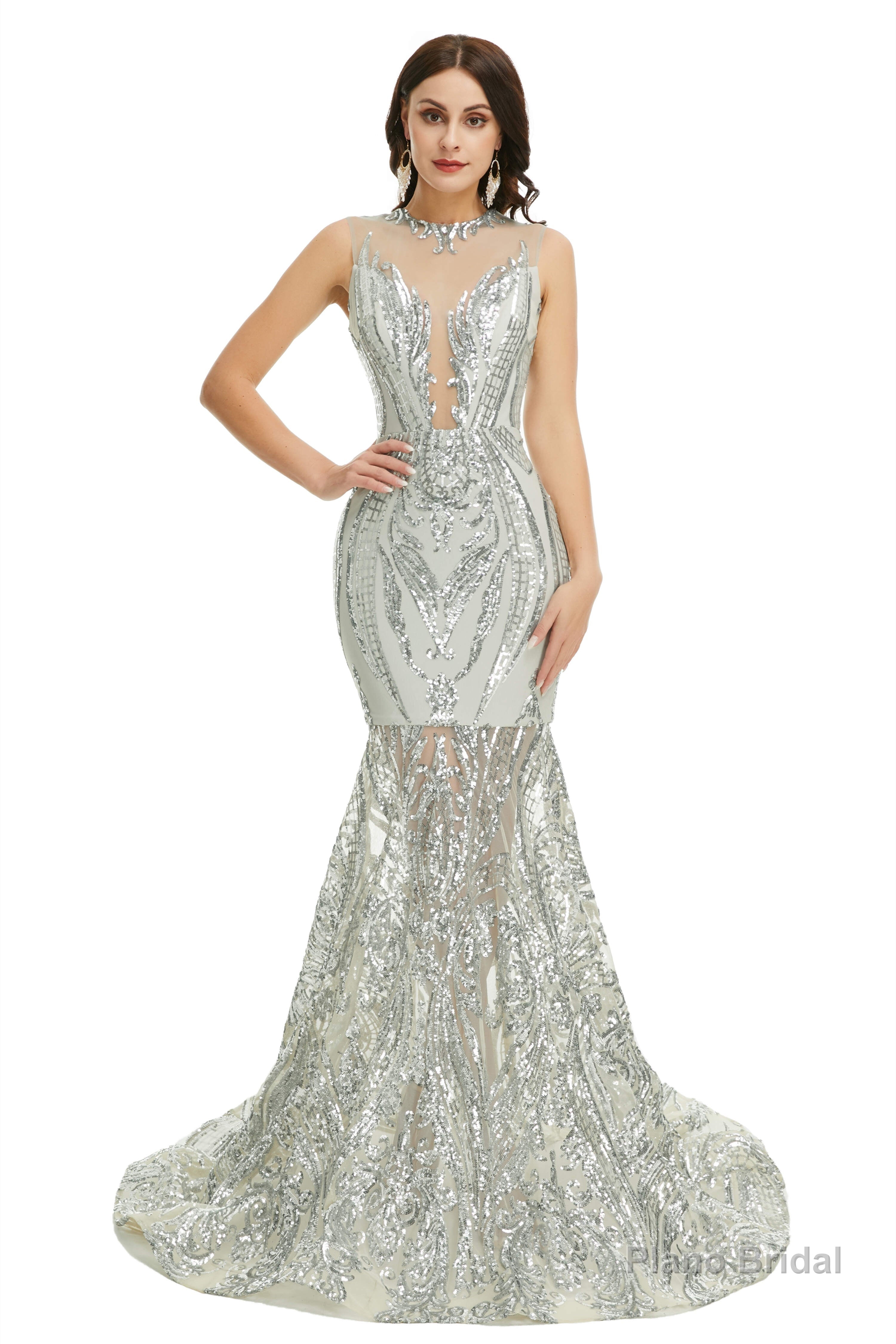 Sequins Sleeveless Floor Length Crew Neck Prom Dresses