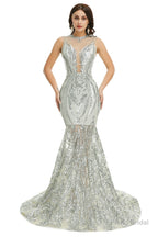 Sequins Sleeveless Floor Length Crew Neck Prom Dresses