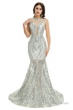 Sequins Sleeveless Floor Length Crew Neck Prom Dresses