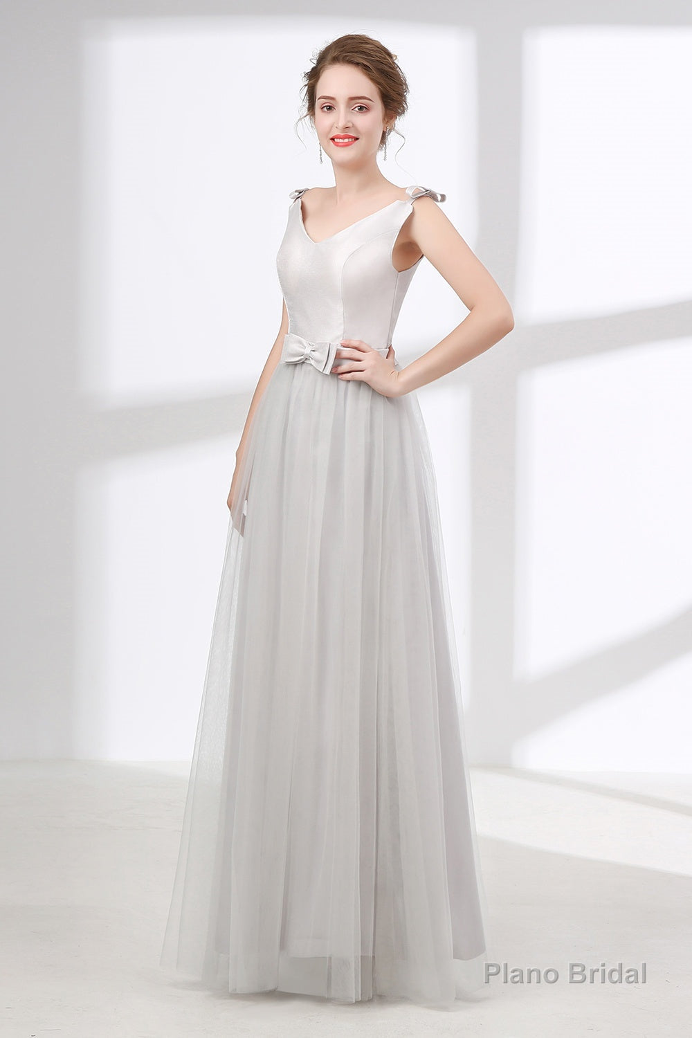 Gray Silver V Neck Tulle Prom Dresses