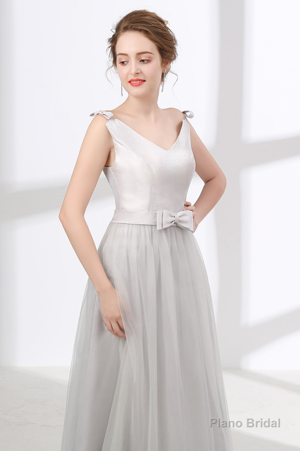 Gray Silver V Neck Tulle Prom Dresses