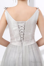 Gray Silver V Neck Tulle Prom Dresses