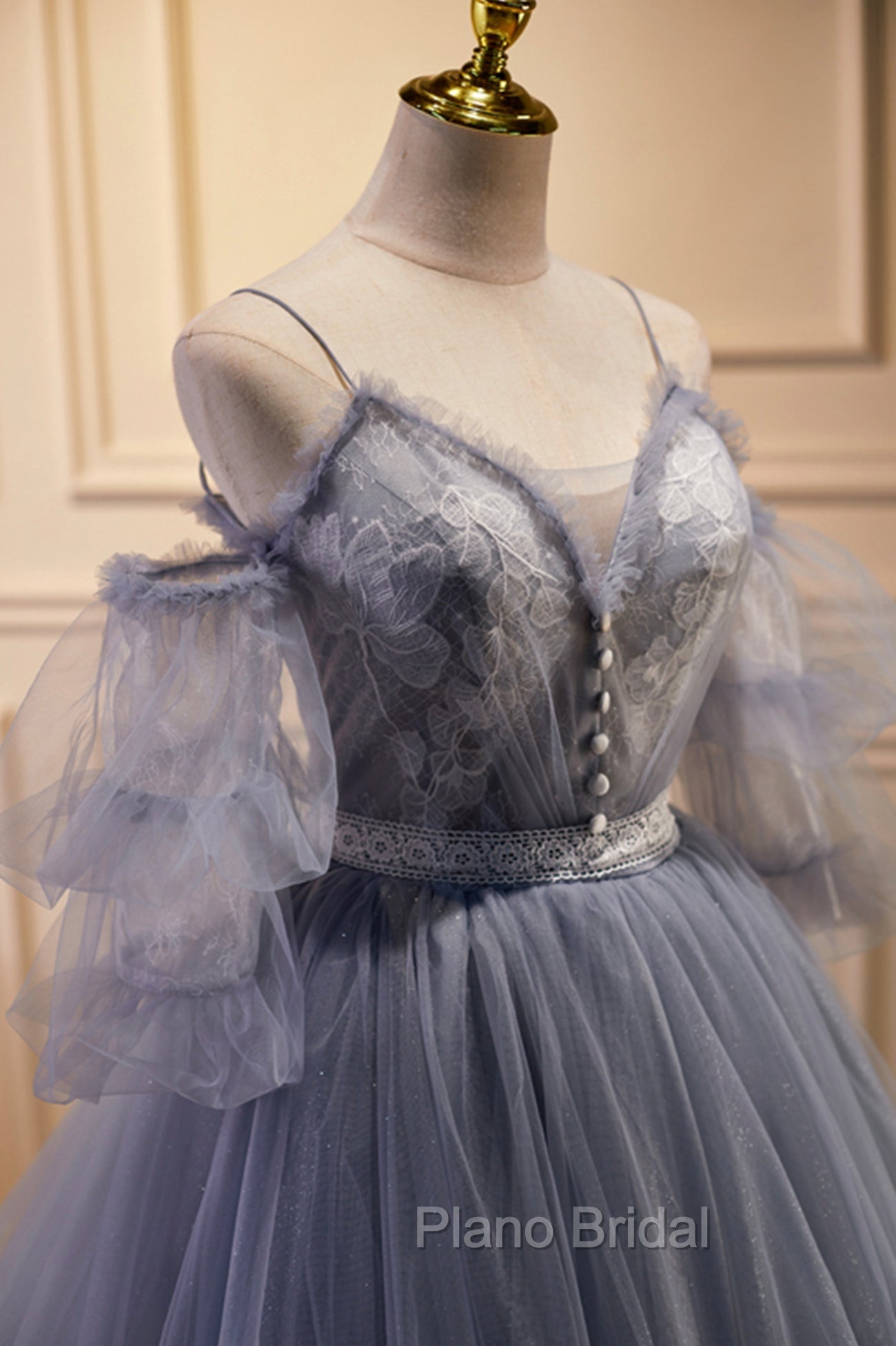 Gray Spaghetti Strap Lace Long Formal Prom Dresses, Off the Shoulder Evening Party Dresses Secondary image