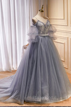 Gray Spaghetti Strap Lace Long Formal Prom Dresses, Off the Shoulder Evening Party Dresses