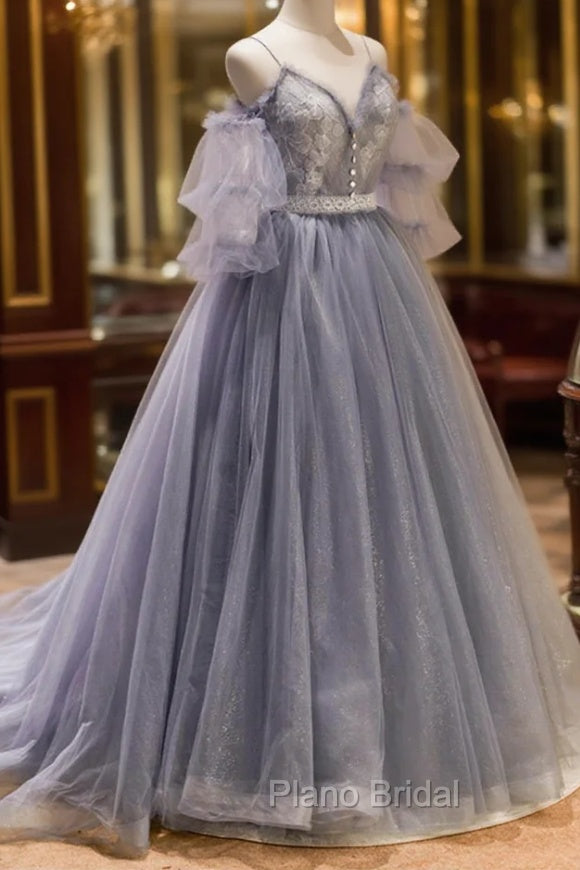 Gray Spaghetti Strap Lace Long Formal Prom Dresses, Off the Shoulder Evening Party Dresses