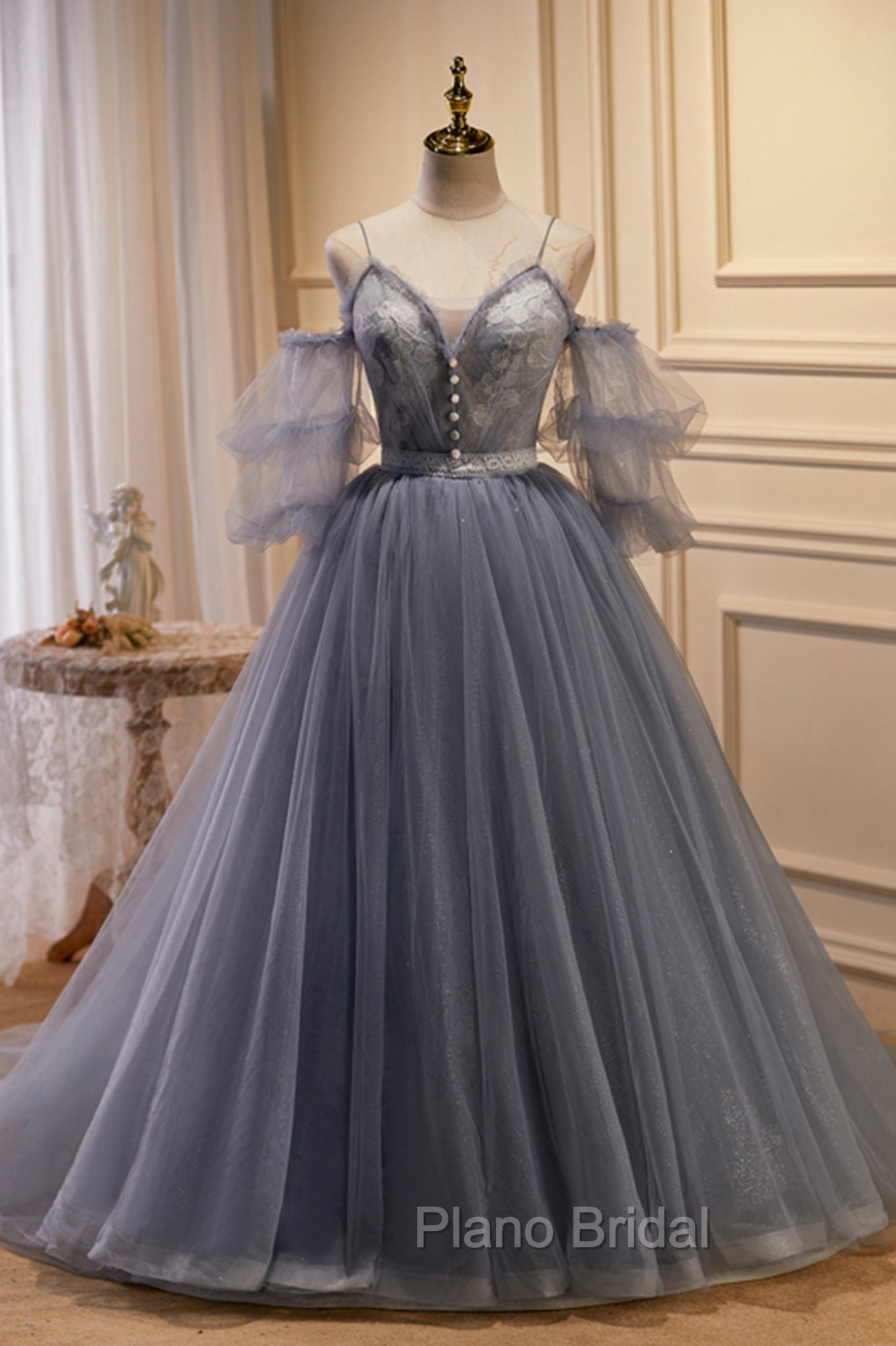 Gray Spaghetti Strap Lace Long Formal Prom Dresses, Off the Shoulder Evening Party Dresses Main image