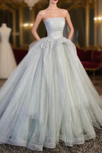 Gray Strapless Long Formal Dresses, Gray Tulle Evening Dresses Party Dresses