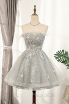 Gray Strapless Tulle Short Formal Prom Dresses with Sequins, Cute A-Line Party Dresses