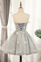 Gray Strapless Tulle Short Formal Prom Dresses with Sequins, Cute A-Line Party Dresses