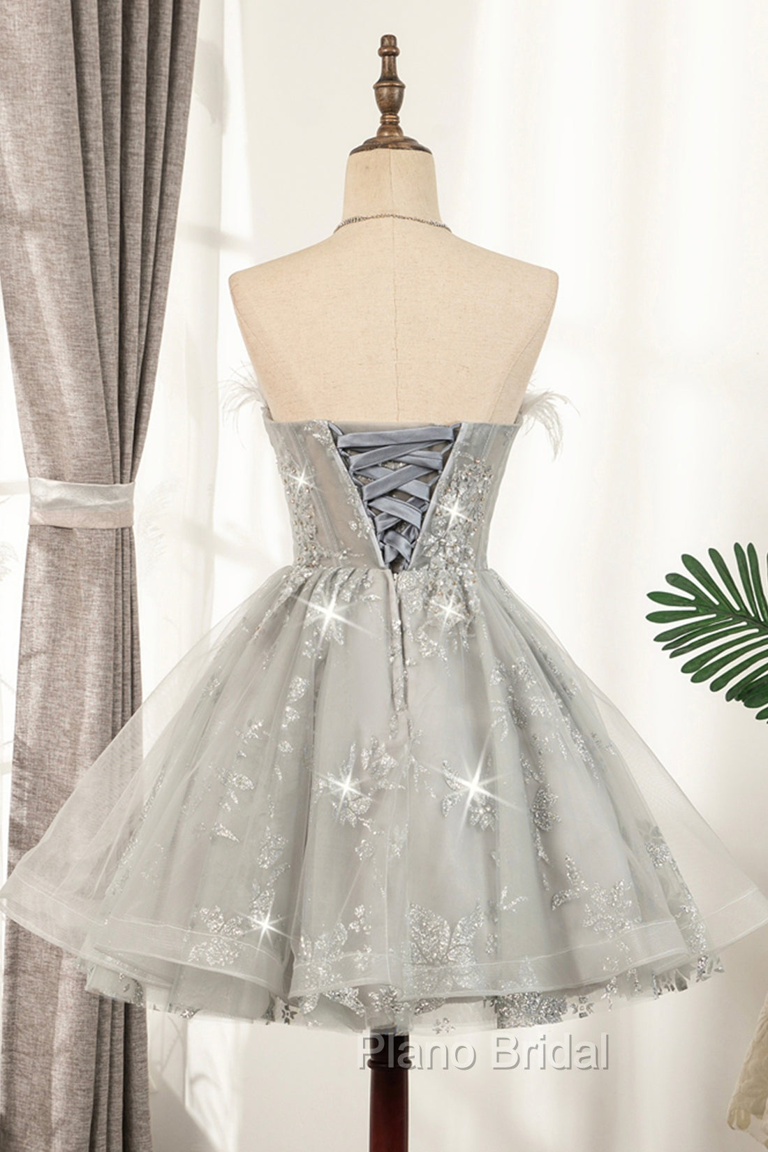 Gray Strapless Tulle Short Formal Prom Dresses with Sequins, Cute A-Line Party Dresses