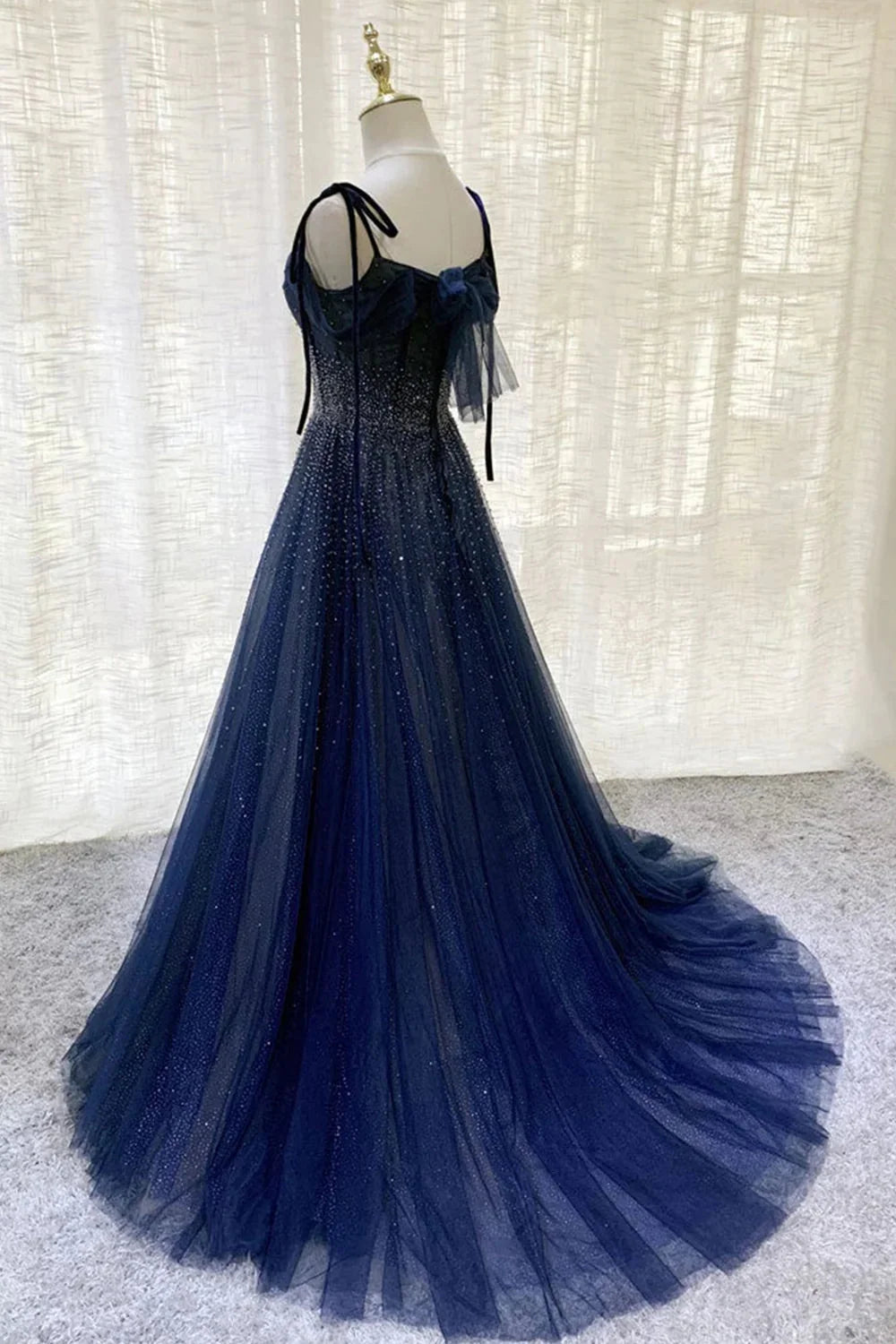 Dark Blue Gorgeous Shiny Sequins Long Elegant Tulle Ball Gown Formal Evening Dresses