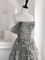 Gray Sweetheart Neck A line Lace Long Formal Prom Dresses, Gray Formal Dresses