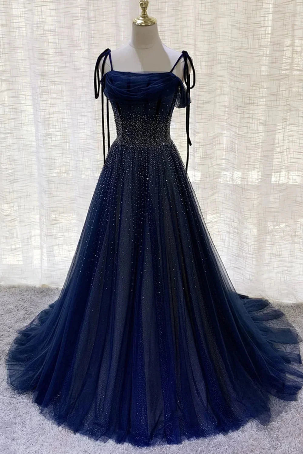 Dark Blue Gorgeous Shiny Sequins Long Elegant Tulle Ball Gown Formal Evening Dresses