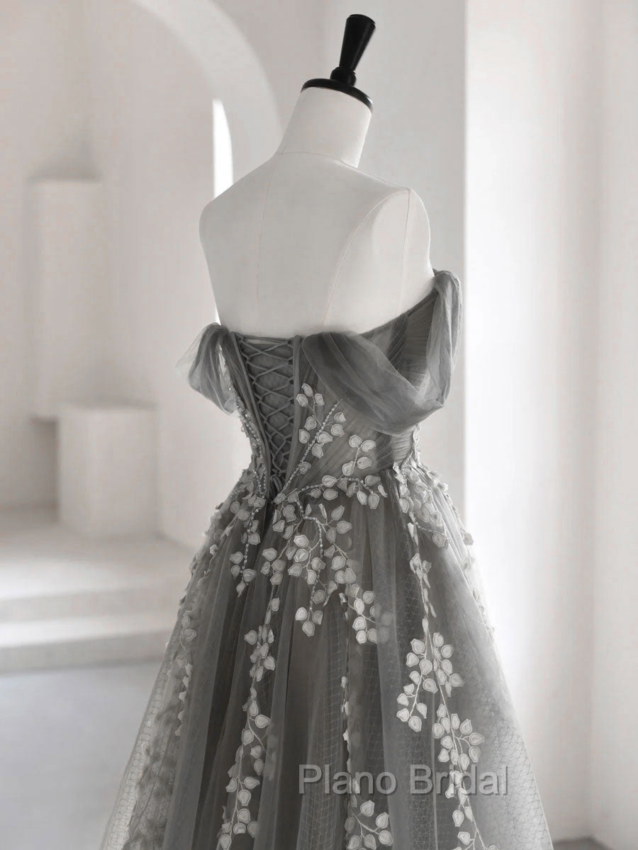 Gray Sweetheart Neck A line Lace Long Formal Prom Dresses, Gray Formal Dresses Secondary image