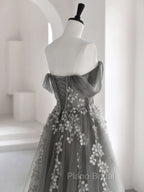 Gray Sweetheart Neck A line Lace Long Formal Prom Dresses, Gray Formal Dresses