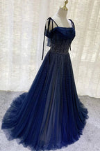 Dark Blue Gorgeous Shiny Sequins Long Elegant Tulle Ball Gown Formal Evening Dresses