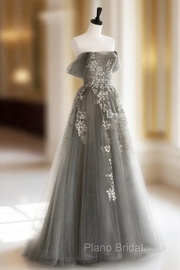 Gray Sweetheart Neck A line Lace Long Formal Prom Dresses, Gray Formal Dresses