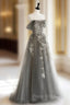 Gray Sweetheart Neck A line Lace Long Formal Prom Dresses, Gray Formal Dresses