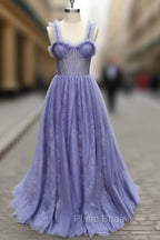 Gray Sweetheart Neck Tulle Lace Long Formal Prom Dresses Blue Formal Dresses